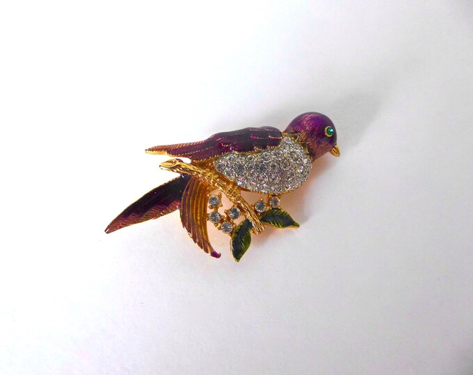 Bird on branch brooch. Gold-plated metal and rhinestone. 1960s.