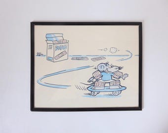 Vintage mouse on a skateboard. Framed by Alain Boisjoly. 1980s.