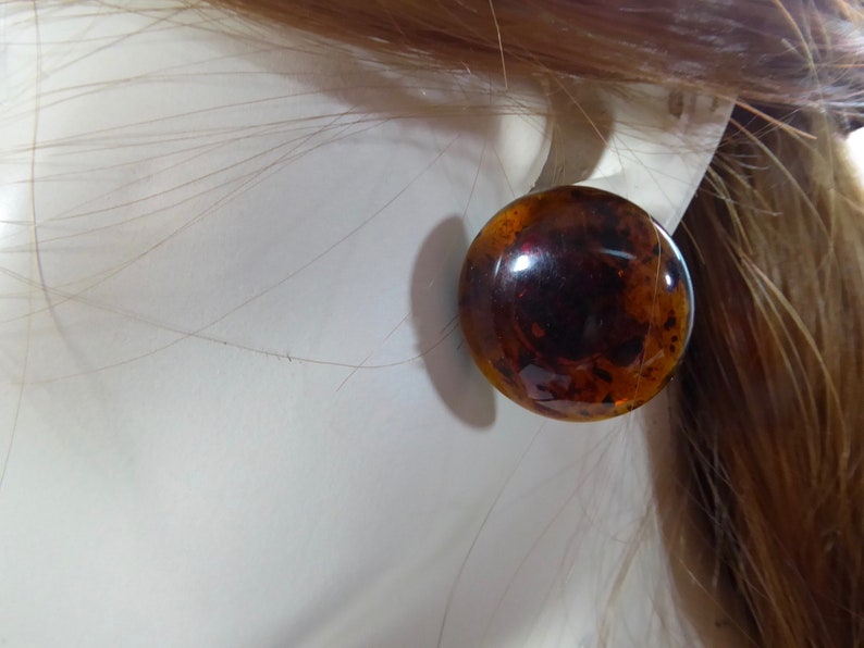 Round earrings bulging amber plastic. Translucent brown vintage clip. Year 50 Fashionista. image 1