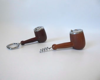 Corkscrew, bottle opener in the shape of a pipe. Integrated salt and pepper shakers. Vintage bar utensil. 1970.