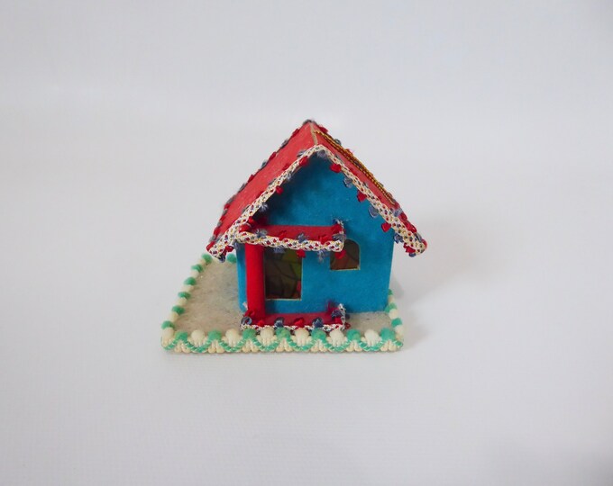 Blue Putz house with red felt roof and balcony. Christmas village. Japan made. 1960. Winter decor. Vintage Christmas. Christmas tree decoration.
