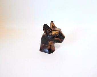Bastet head statuette, Egyptian cat goddess, made of stone. Made in Egypt. Hand made. No. 30/58. Year 1970