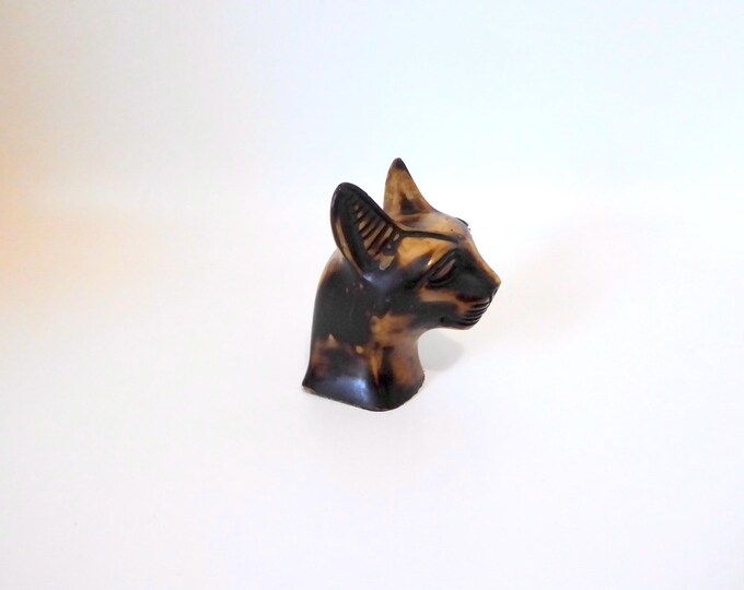 Statuette head of Bastet cat goddess of Egypt in stone. Made in Egypt. Hand made. No 30/58. Year 1970