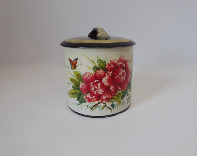 Round metal box with lid. Peony and butterfly bouquet box. 6 MB container made in Great Britain. Year 50. Bulk foods.