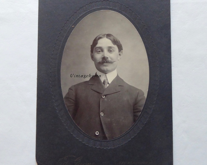 Original vintage photo. Mustache young man. Sepia 1910. Edwardian photo. Ed. Won photo. Montreal. Quebec Heritage.