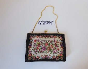 RESERVED... Do not buy! Black embroidered tapestry fabric handbag. Floral and rose pattern. 1930s. Vintage evening bag.