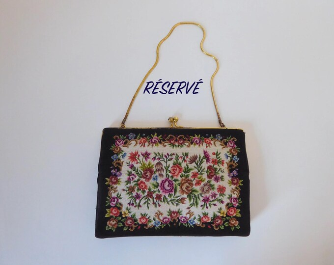 RESERVED... Do not buy! Black embroidered tapestry fabric handbag. Floral and rose pattern. 1930s. Vintage evening bag.