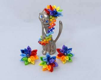 Tsumami Kanzashi flower set "Rainbow" of earring, ring and bracelet