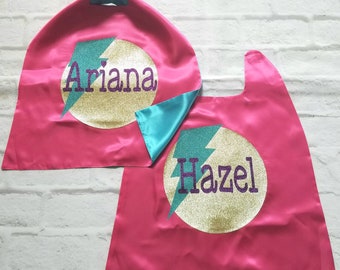 Glitter Name Capes with Circle and Bolt. Superhero Name Cape. Superhero Girl. Superhero Boy. Girls Superhero Cape. Superhero Birthday Gift.