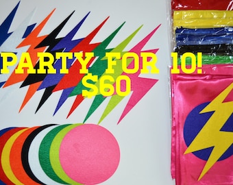 10 pack DIY PARTY SET of superhero capes, sticky back shapes in bolts and circles! Free Shipping, Quick Shipping-On the Go Party! Kids Craft