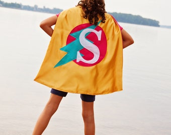 FREE MASK - Handmade Cape - Handmade Capes - Pink Yellow Cape - Girls Superhero Cape - Lightning Bolt Cape - Ships Quickly