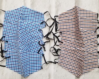 Plaid Teen Cotton Face Mask Set, Adjustable Straps