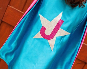 Gifts under 25 - Sparkle Superhero Cape - Pink and Turquoise Cape - Glitter Star and Initial - Quick Shipping - Premium Satin Cape