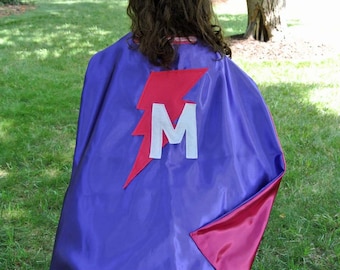 Child Superhero Cape - Capes for Halloween - Personalized Christmas Gift - Double Sided Cape - You Choose Colors, Shape Initial Free Ship