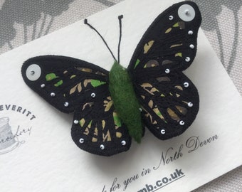 Butterfly brooch/pin silk Liberty print Monarch. Green tones Wingspan 10cm, 4 inches.