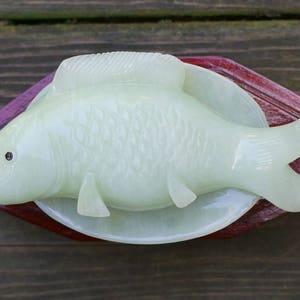 Exquisite Chinese Jadeite/Jade Hand Carved Fish Sculpture with Carved Wood Stand