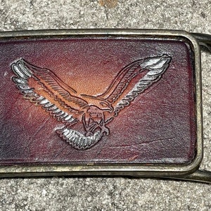 Vintage Brass Belt Buckle with Tooled Leather Eagle
