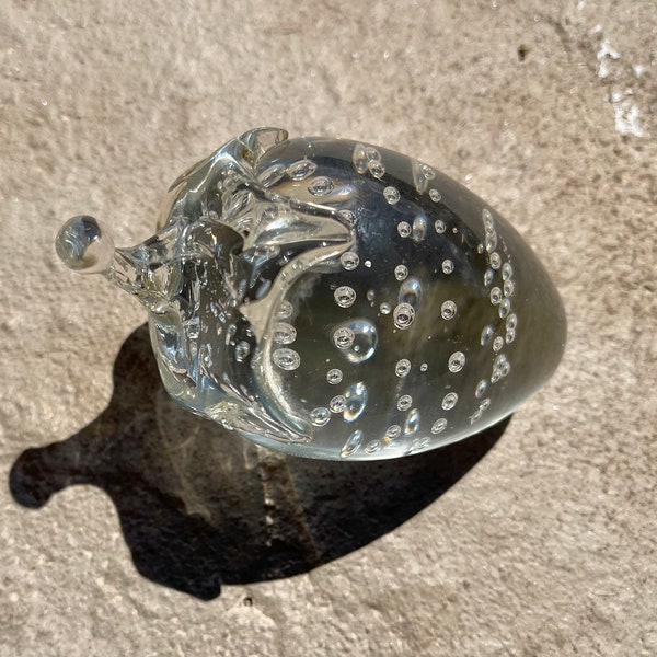 Vintage Clear Art Glass Strawberry Paperweight with Controlled Bubbles