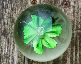 Vintage Art Glass Green Floral Hand Blown Paperweight with Controlled Bubble