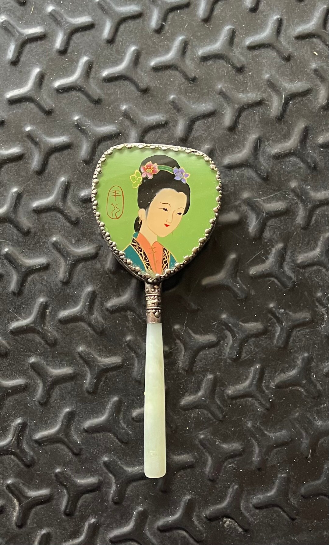 Vintage Japanese Hand Mirror With Reverse Painting on Glass of Geishia