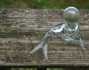 Vintage Clear Crystal Glass Seal With Ball Paperweight - Etsy