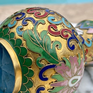 Vintage Asian Miniature Cloisonne High Relief Vase with Wood Carved Stand/Home Decor