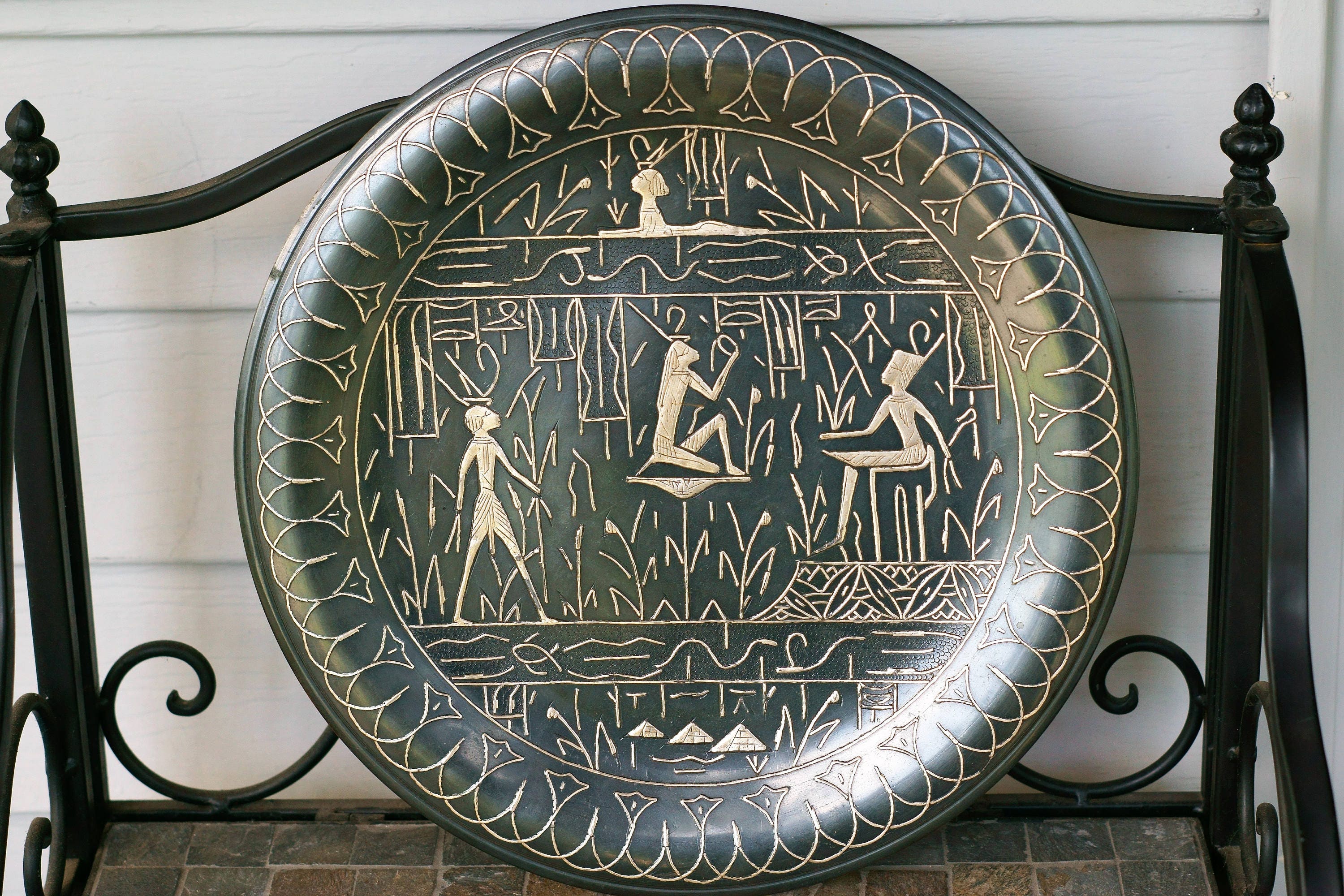 Vintage Egyptian Hand Carved Silver Encrusted Wall Plate/Egyptian Artwork