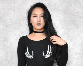 Black Long Sleeve Halloween Skeleton Bone Crop Top