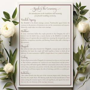 May include: A rectangular white card titled Guide to the Ceremony with dark brown text explaining Jewish wedding traditions including Ketubah Signing, Bedeken, Chuppah, Circling, and Kiddushin, framed by white roses and green eucalyptus foliage.