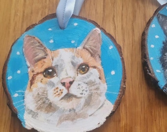 Adorno navideño con retrato de mascota pintado a mano, monumento conmemorativo de madera personalizado para perros y gatos