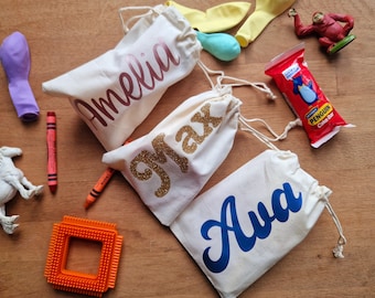 Personalised Kids Party Bags Reusable Cotton Drawstring Goody Bags Personalise For Each Child | Choose Font and Colour! 12x17cm