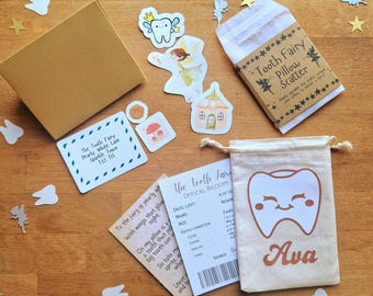 Tooth Fairy Collection Kit including Custom Name Pouch, Receipt, Pillow Scatter, Interactive Stickers, Poem and Golden Envelope