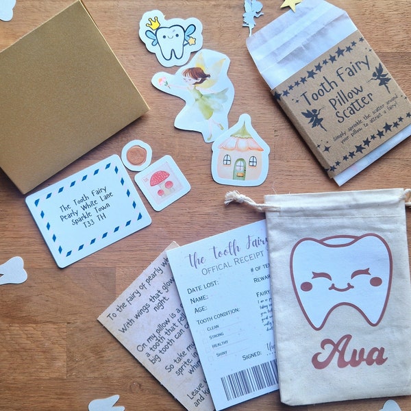 Tooth Fairy Collection Kit Gift including Custom Name Pouch, Receipt, Pillow Scatter, Interactive Stickers, Poem and Golden Envelope