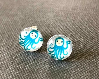 Tiny Aqua Blue Octopus Earrings. Beach Jewelry, Stud Earrings, Hypo Allergenic