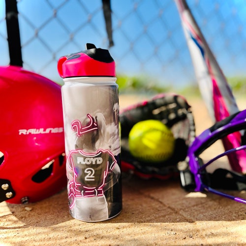 Custom Neon Girl’s 18 0z Sports Bottle - dishwasher safe t-ball baseball softball little league hydrate game-day water 16 oz tumbler cup