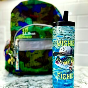 Wishin&#39; I Was Fishin&#39; Tumbler, Bass in a trucker hat! Perfect for the world class fisherman/woman in your life. Customizable!