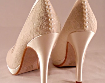 Ivory Lace And Pearl Platform Heels Lace Bridal Shoes Pearl Seams Bridal Shoes Closed Toe Lace Pumps Ivory Lace Heels