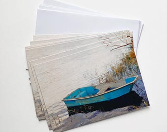 Connecticut River Notecard Set: Blue Rowboat Photo, Blank Cards