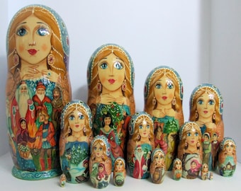 Hand Painted One of a kind 15 pcs Russian Nesting Doll "Twelve Months" by Frolova