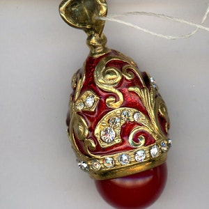 Russian Faux Faberge Egg Pendant Red Crown like w/red Gems and gem decor in gold offset lines  .925 Sterling