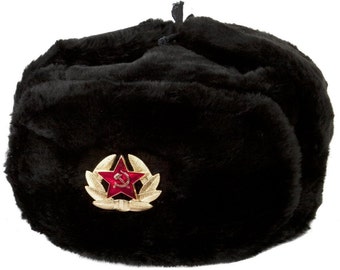 Authentic Russian Ushanka Military Hat Black w/ Soviet Red Army Badge