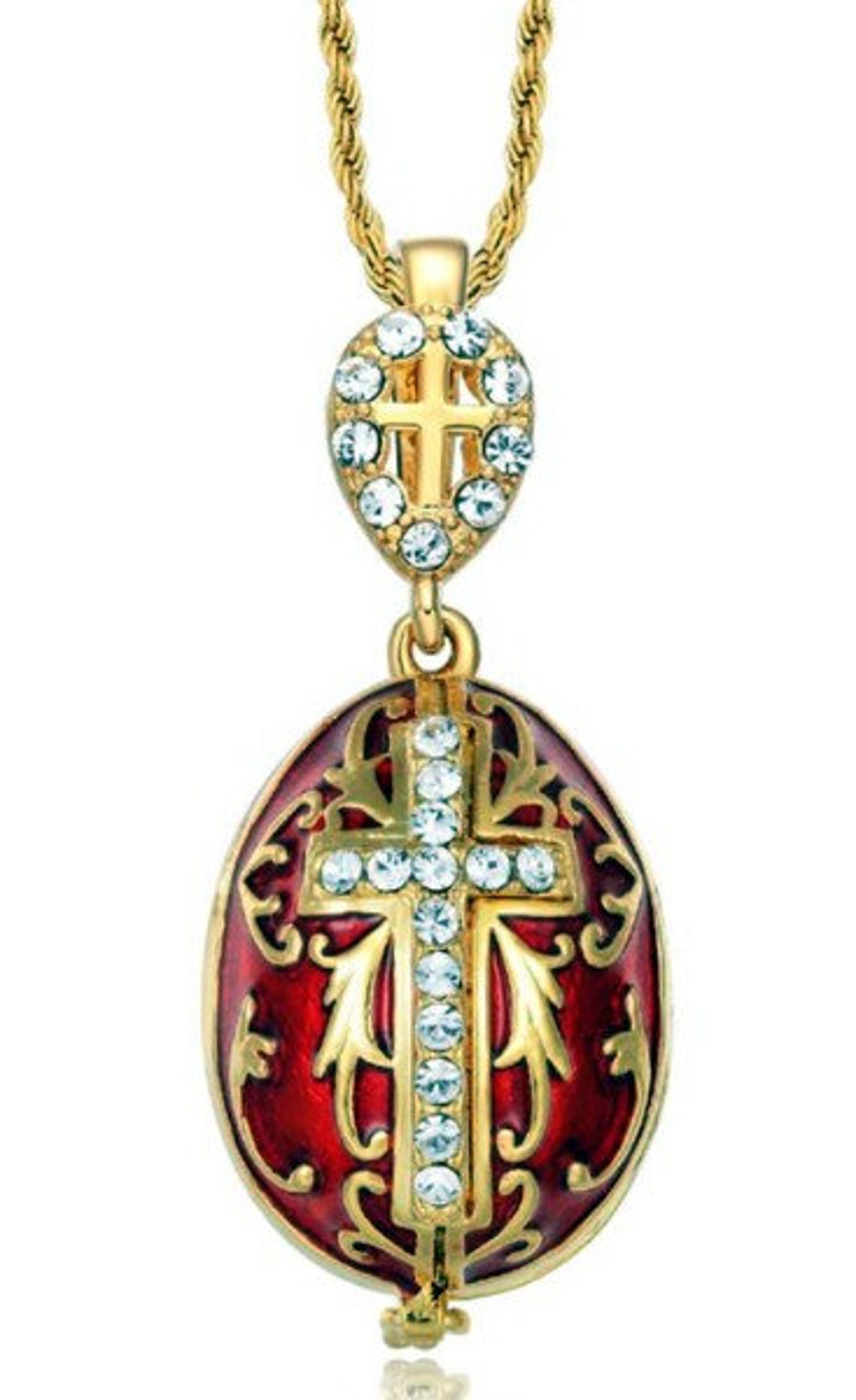 Pendentif œuf Fabergé Rouge Fleur De Lys - Avec Cristaux Et Chaîne, Style Impérial Russe