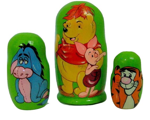 Winnie The Pooh & Honey Pot Russian wooded Stacker Dolls 5 In A Set Hand Painted 