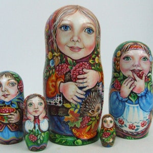 5pcs Hand Painted Only one Russian Nesting Doll &quot;Girls enjoy Fruits&quot; by Chmelyova
