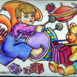 May include: A watercolor painting of a child playing the drums with a teddy bear playing the accordion. The child is wearing blue jeans and a purple shirt with white polka dots. The teddy bear is wearing blue shorts. There are colorful blocks on the floor.