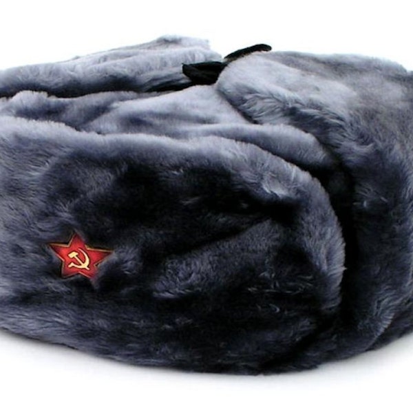 Authentique militaire russe Ushanka chapeau gris étoile rouge soviétique marteau et faucille