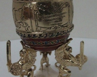 Russian Replica Red/Metallic Enameled Faberge egg, representing the Siberian R/R, writings of the history and mini-train