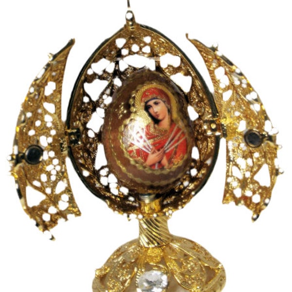 4" Golden Caged Egg with Icon of "Mother of God Seven Arrows " Traditions of Faberge