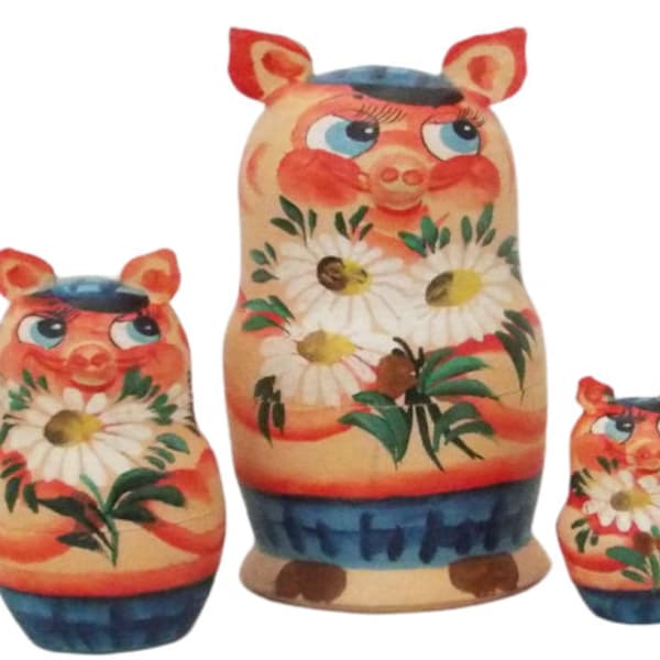 3pcs Hand Painted Russian Nesting Doll of PIGS w/ Hand Carved Ears