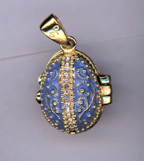 Pendentif œuf Fabergé Style – Émail Bleu Avec Ange, Porte-photo, Alliage, Neuf Avec étiquettes